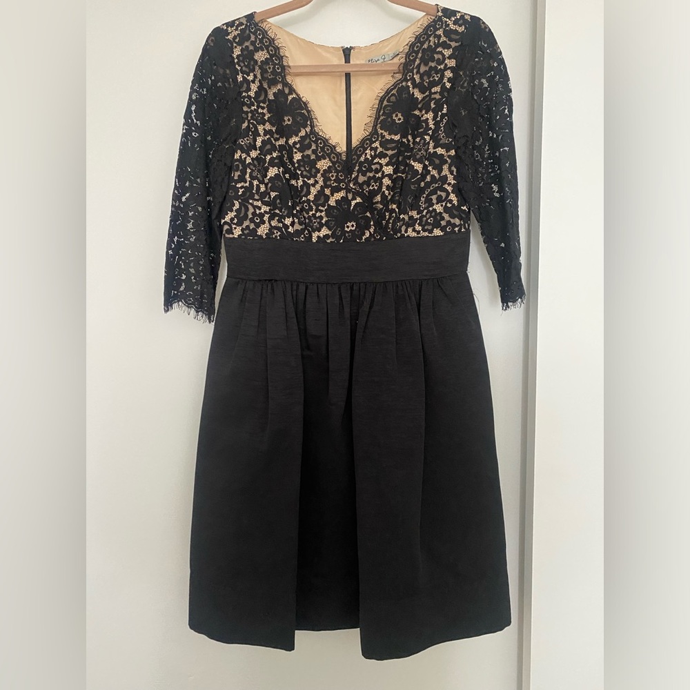 Eliza J. V neck black lace top with full skirt dress